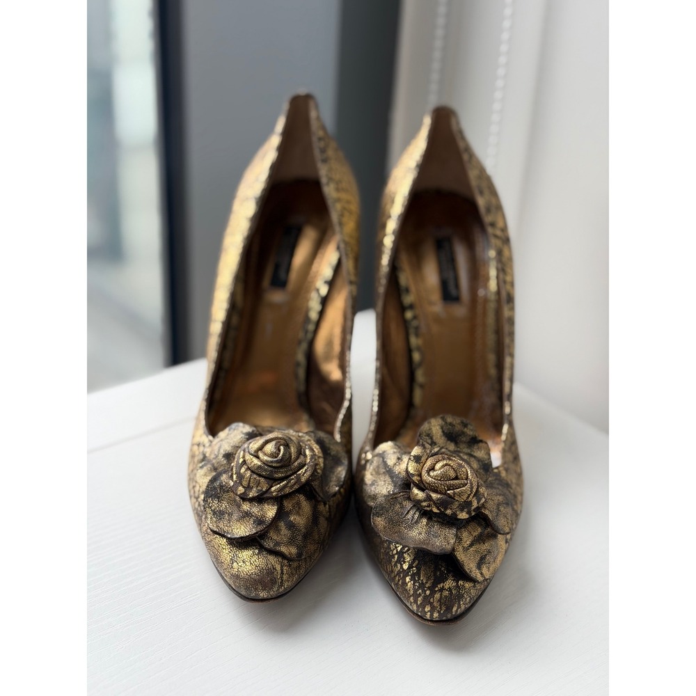 Vintage Y2K Dolce & Gabbana Gold metallicLeather Rose Heels Size 39 US 8-8,5